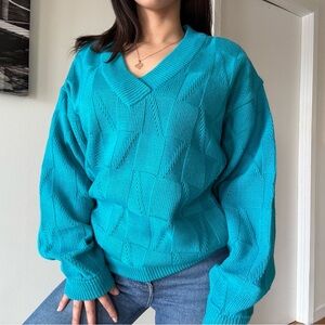 Vintage Teal V-Neck Cottagecore Oversized Sweater